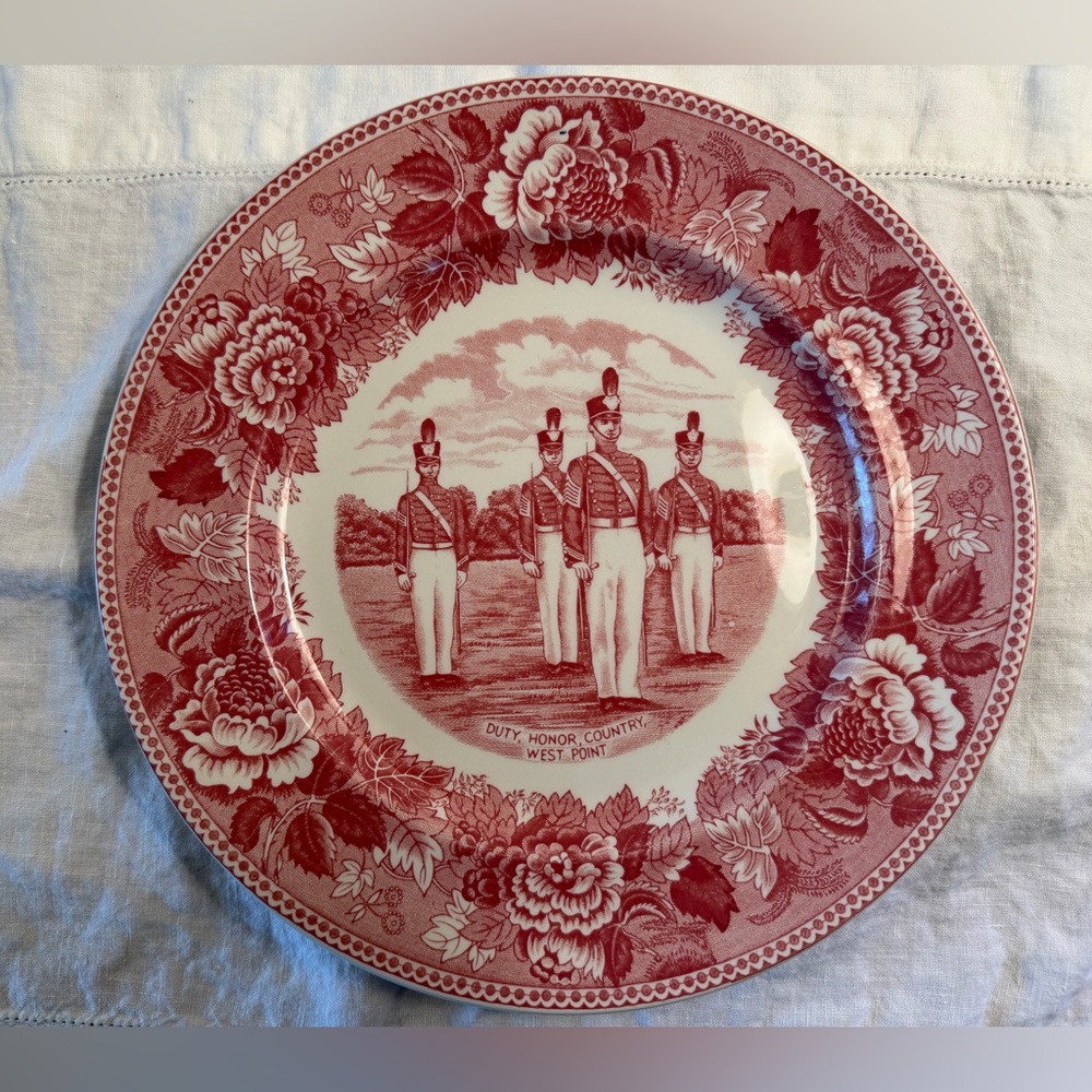 Red Pink Transferware Dinner Plate West Point Military Academy
